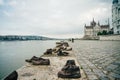 Shoes on the Danube bank - Monument as a memorial of the victims of the Holocaust in Budapest, Hungary - nov, 2021 Royalty Free Stock Photo