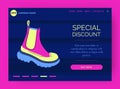 Shoes discount landing page. Store special offer. Trendy boots. Footwear sale. Stylish merchandise. Fashionable