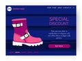 Shoes discount landing page. Store special offer. Trendy boots. Footwear sale. Stylish merchandise. Trendy accessory