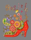 Shoes for fairy with beautiful flowers. Colorful doodle vector