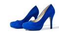 Shoes fashion woman closeup. Close-up high heels pair women shoes on white background. Elegant luxury female Blue