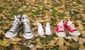 Shoes in father big, mother medium and son or daughter small kid size in family love concept Royalty Free Stock Photo