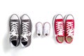 Shoes in father big, mother medium and son or daughter small kid size in family love concept Royalty Free Stock Photo