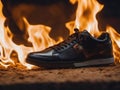 Shoes on fire on the street background. Burning shoes on carpet background. Concept it\'s time to buy a new pair of shoes