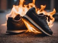 Shoes on fire on the street background. Burning shoes on carpet background. Concept it\'s time to buy a new pair of shoes