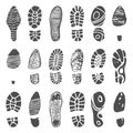 Shoes footprint silhouette. Sneaker shoes step, walking boot shoe steps imprint and man feet boots isolated vector Royalty Free Stock Photo