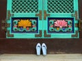 Shoes in front of Buddhist temple Royalty Free Stock Photo