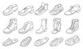 Shoes icons set. Different types of shoes shop assortment. Editable stroke.