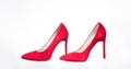 Shoes made out of red suede on white background, isolated. Pair of fashionable high heeled pump shoes. Elegant stiletto Royalty Free Stock Photo