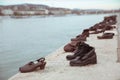 Shoes Memorial on the Danube bank. Memorial on embankment Budap Royalty Free Stock Photo