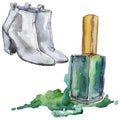 Shoes and nail polish sketch illustration in a watercolor style isolated element. Watercolour fashion background set.