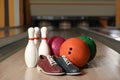 Shoes, pins and balls on bowling lane in club Royalty Free Stock Photo