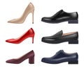 Shoes realistic. Lady evening elegant luxury shoes different style and colors for storefront vector collection