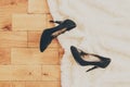 Shoes removed at home after work. legs are tired. Selective focus. Royalty Free Stock Photo