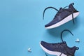 Shoes running Concept healthy lifestyle outfit, sport and diet. Top view, text space. Athlete`s set. Flat lay composition, male a