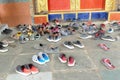 Shoes and sandals outside Kenchosum Lhakhang temple Royalty Free Stock Photo