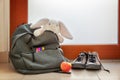 Shoes and School bag with cuddly toy supplies and lunch Royalty Free Stock Photo