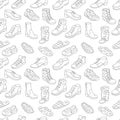 Shoes seamless pattern background. Different types of shoes. Editable stroke size.