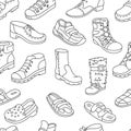 Shoes seamless pattern background. Different types of shoes. Editable outline.