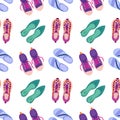 Shoes seamless pattern. Different types casual and sport footwear. Loafers and sandals top view. Fashionable sneakers