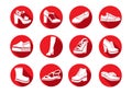 Shoes set of vector flat icons. White Icons sandals, boots, low shoe, ballet slippers, high boot, gumshoes, knee-high