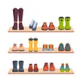 Shoes on shelves. Merchandizing shop window trendy fashioned shoes front view sport sneakers and boots for women and men Royalty Free Stock Photo