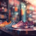 Shoes shop blurred background. closeup of fashionable shoes Royalty Free Stock Photo