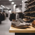 Shoes shop blurred background. closeup of fashionable shoes Royalty Free Stock Photo