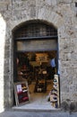 Shoes Shop view from the Medieval San Gimignano hilltop town. Tuscany region. Italy Royalty Free Stock Photo