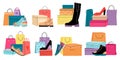 Shoes shopping boxes, sneakers and female shoe. Fashion store craft paper package, colorful different shopping bags Royalty Free Stock Photo