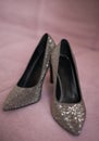 Shoes silver black gray color. shiny heels Royalty Free Stock Photo