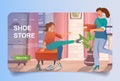 Shoes store concept in cartoon design for landing page. Woman buyer chooses different stylish shoes in boutique, seller carries