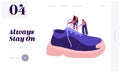 Shoes for Training Fashion Website Landing Page. Tiny Sportsman and Sportswoman Tie Shoelaces on Huge Sneaker
