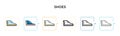 Shoes vector icon in 6 different modern styles. Black, two colored shoes icons designed in filled, outline, line and stroke style Royalty Free Stock Photo