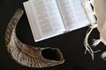 Shofa Tallit and Jewish prayer book on a wooden table