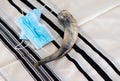 Shofar on a black and white tallit cloth next to a blue