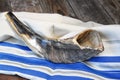 Shofar (horn) on white prayer talit. room for text. rosh hashanah (jewish holiday) concept . traditional holiday symbol.