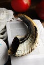 Shofar, kippah and open Torah on table, closeup. Rosh Hashanah celebration