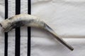 A shofar made from a lamb\'s horn placed on a tallit