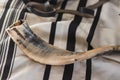 A shofar is placed on a tallit