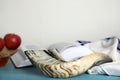 Shofar, tallit and Torah on turquoise wooden table, space for text. Rosh Hashanah celebration