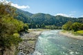 Shokawa River during fall foliage in autumn at Shirakawago from the bridge Royalty Free Stock Photo