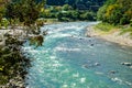 Shokawa River during fall foliage in autumn at Shirakawago from the bridge. Royalty Free Stock Photo