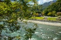 Shokawa River during fall foliage in autumn at Shirakawago from the bridge. Royalty Free Stock Photo
