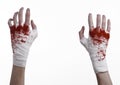 Shook his bloody hand in a bandage, bloody bandage, fight club, street fight, bloody theme, white background, isolated