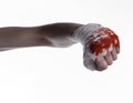 Shook his bloody hand in a bandage, bloody bandage, fight club, street fight, bloody theme, white background, isolated