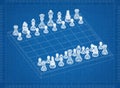 Chess board with figures 3D blueprint Royalty Free Stock Photo