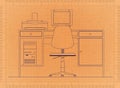Office Desk with Computer - Retro Blueprint Royalty Free Stock Photo