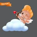 Shooting and aiming with a bow and arrow little cupid character. Vector illustration of a baby cherub mascot in a diaper sticking