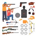 Shooting club and range weapons and accessories, flat vector isolated illustration. Shooting sport.